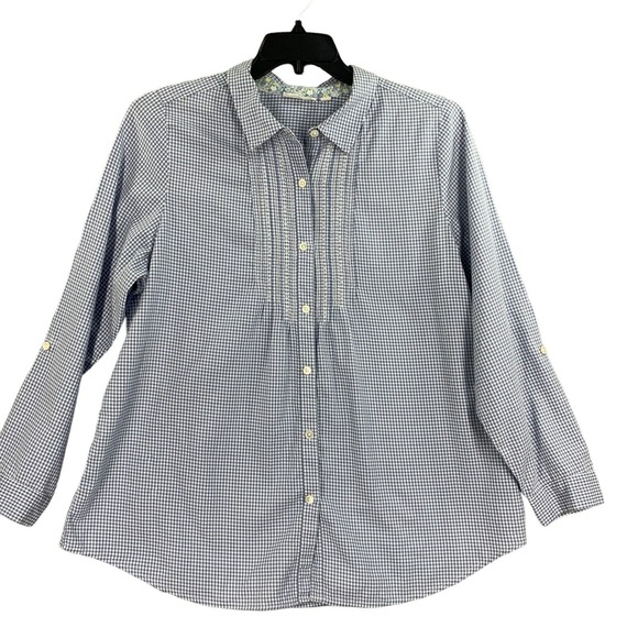 J. Jill Uncommon Threads Button Up Shirt Womens Top L Embroidered Check Roll Tab - Picture 1 of 10
